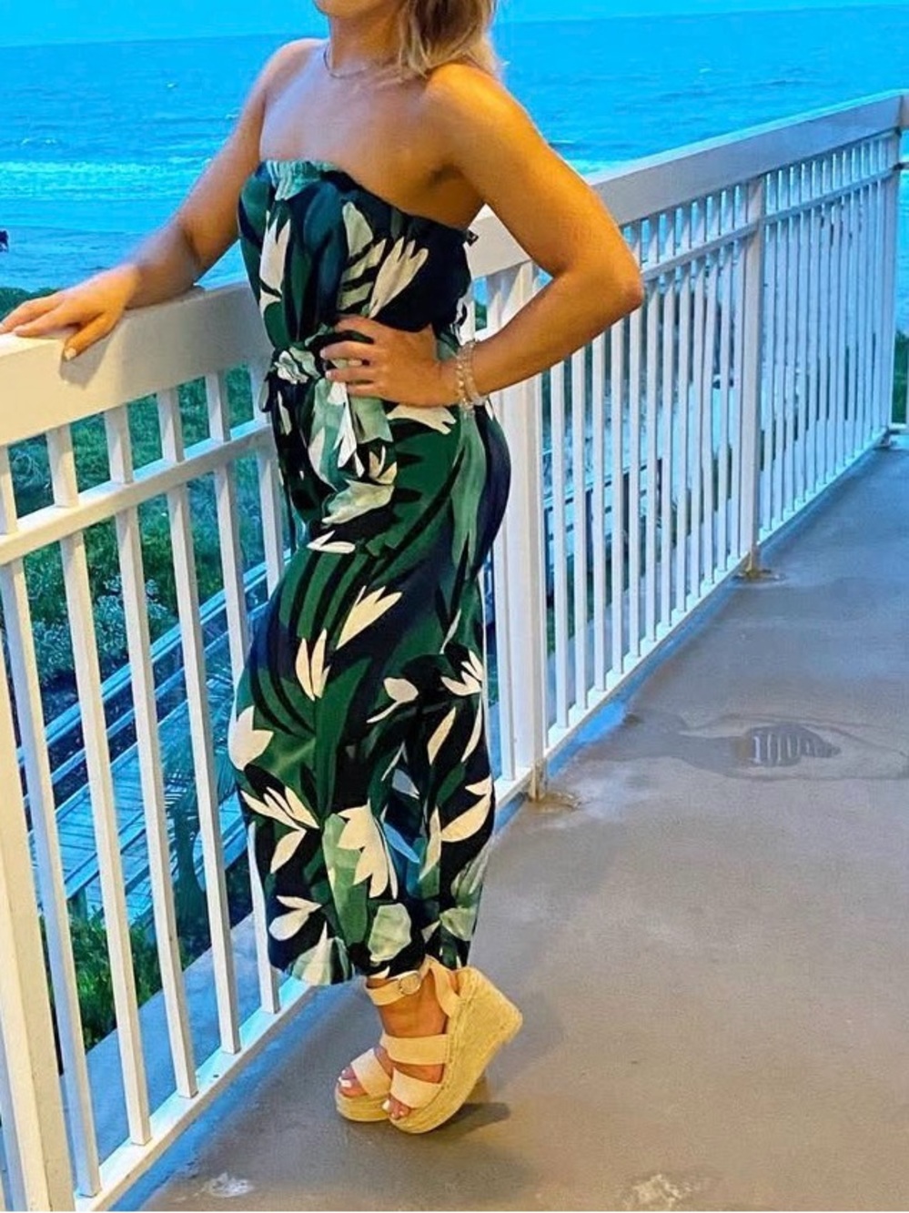 Vici Strapless Tropical Print Jumpsuit in Green and White